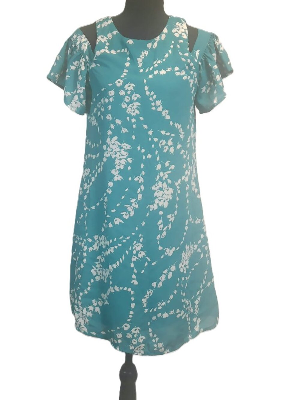 City Steets Teal Floral Cold Shoulder Flutter Sleeve Shift Dress - Size 4